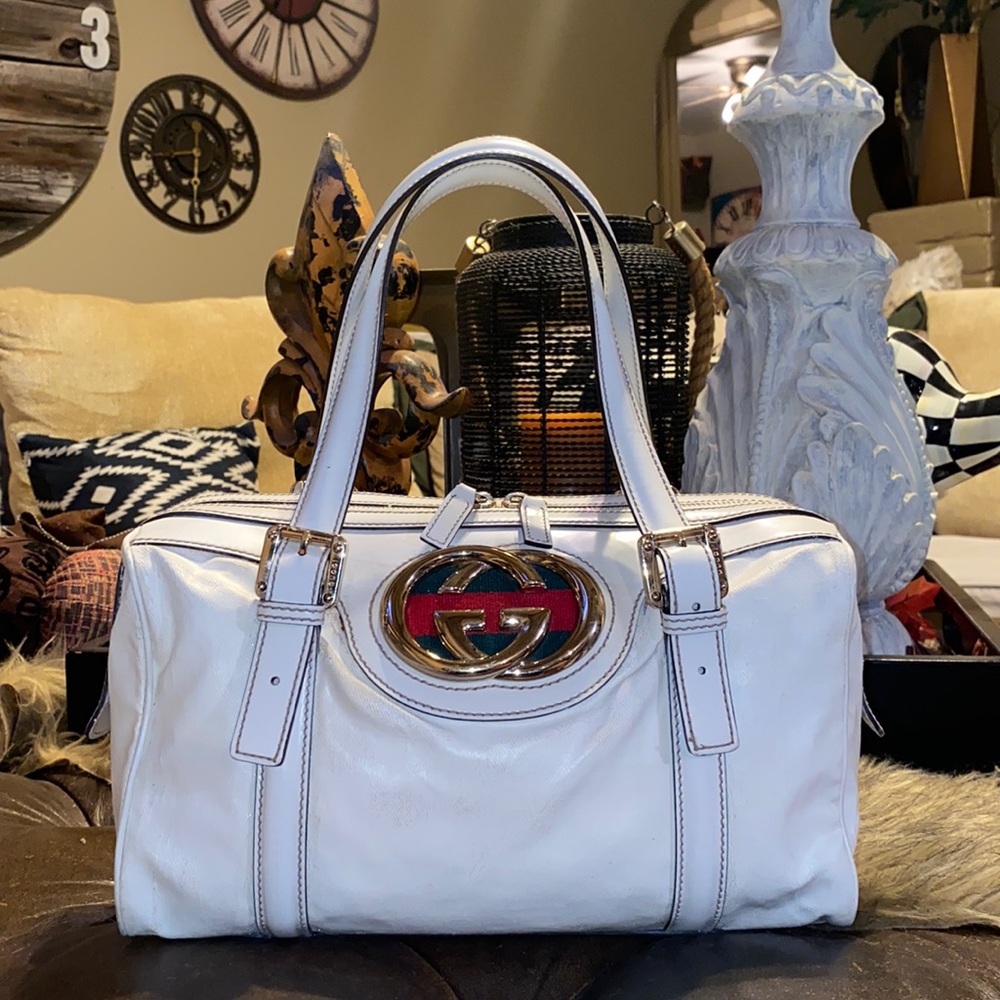 Authentic Gucci Britt white dialux Boston small satchel